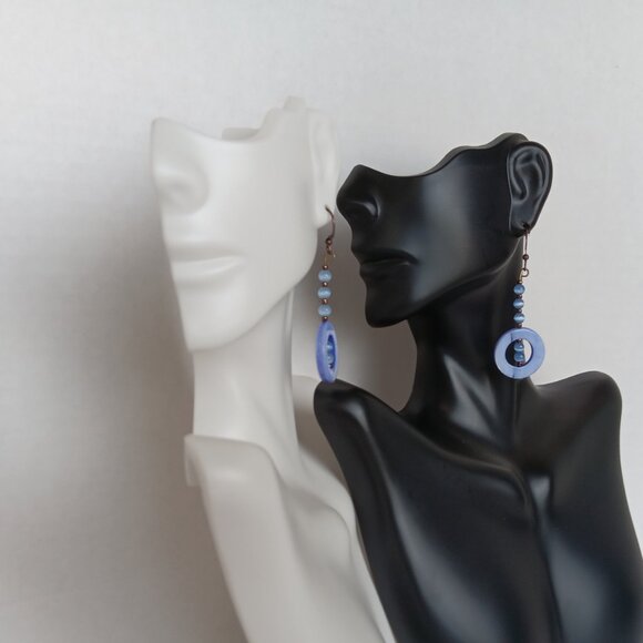 Handmade Periwinkle Blue Earrings With Dyed Shells and Banded Agate Beads - Picture 9 of 16